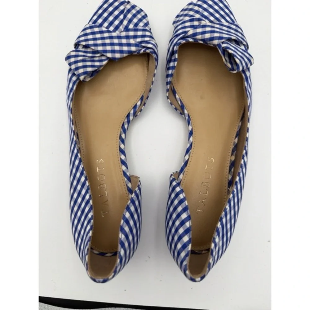 Talbots Gingham Bow D'Orsay Flats Blue White Low Block Heel 6M. ‎       1652